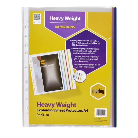 Marbig Sheet Protectors Heavyweight A4 Expanding Assorted Pack of 10