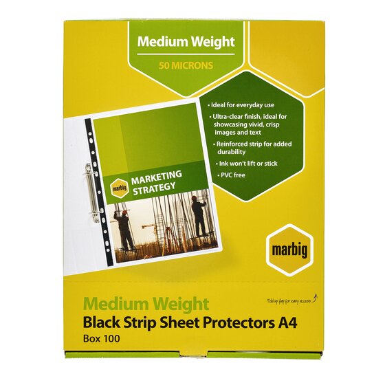 Marbig Sheet Protectors Medium Weight A4 Black Strip Clear Box of 100