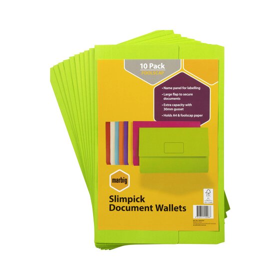 Marbig Slimpick Document Wallet Foolscap Brights Green Pack of 10