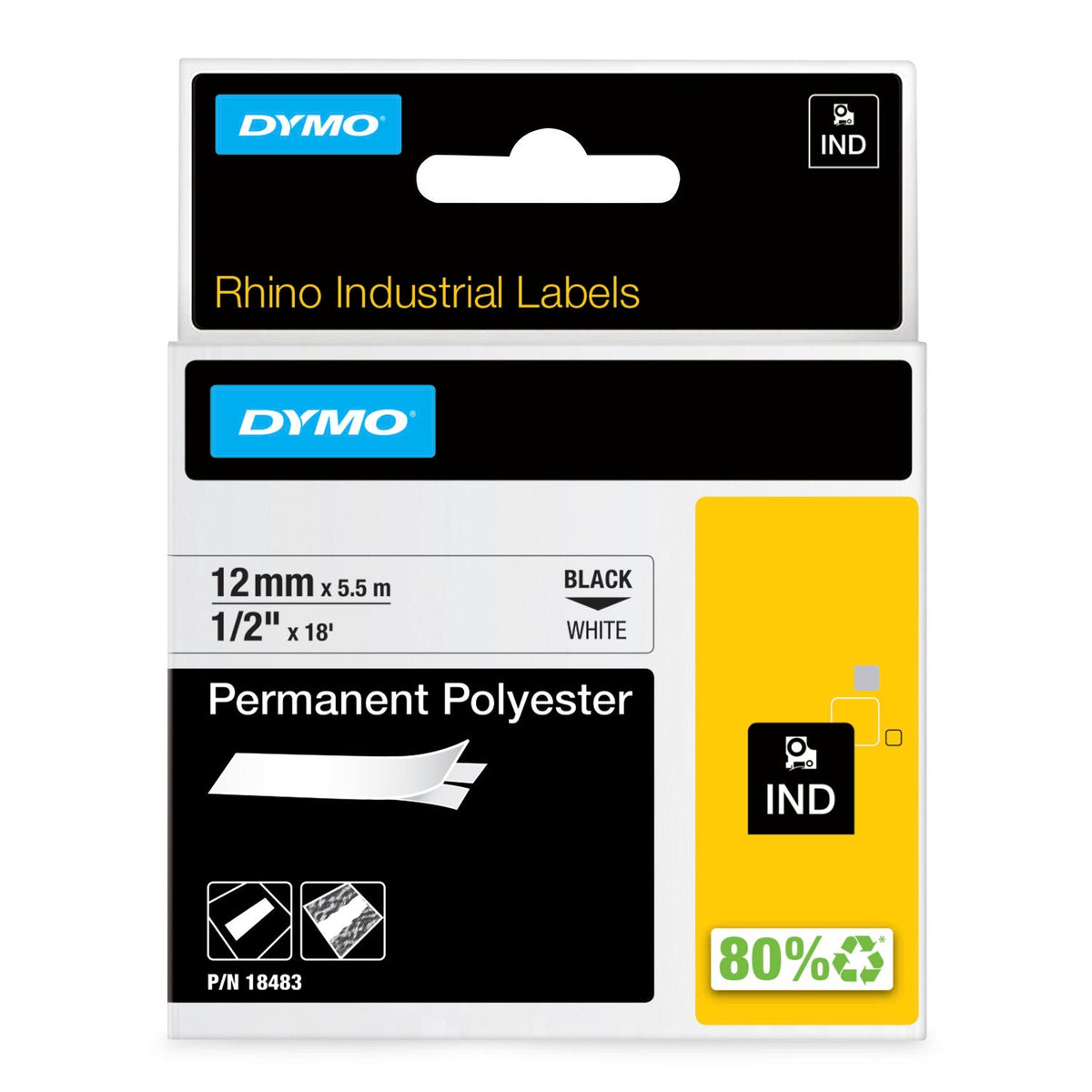 Dymo Rhino Permanent Polyester Label Tape 12mm x 5.5m Black on White