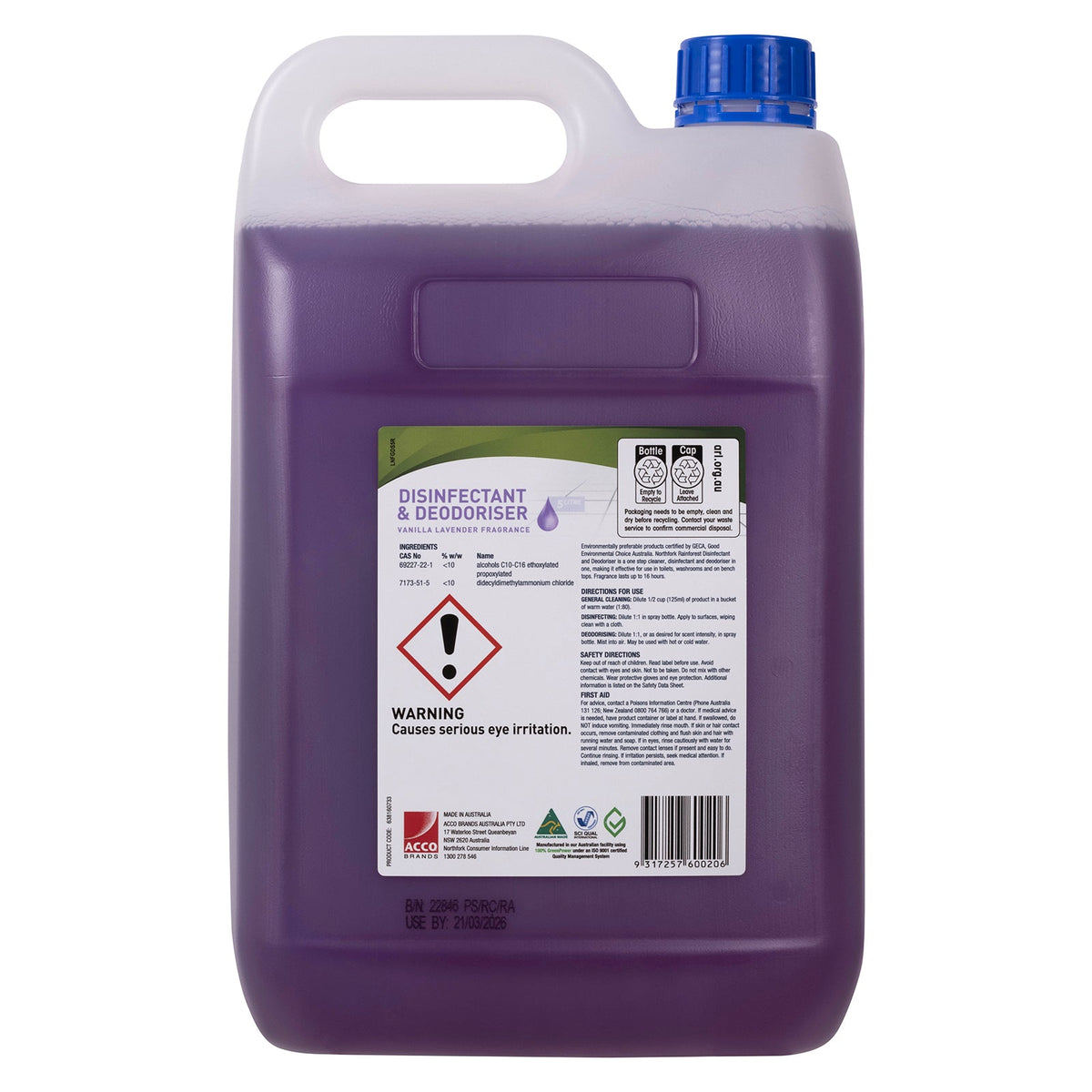Northfork GECA Deodoriser Disinfectant Vanilla Lavender 5L Carton 3