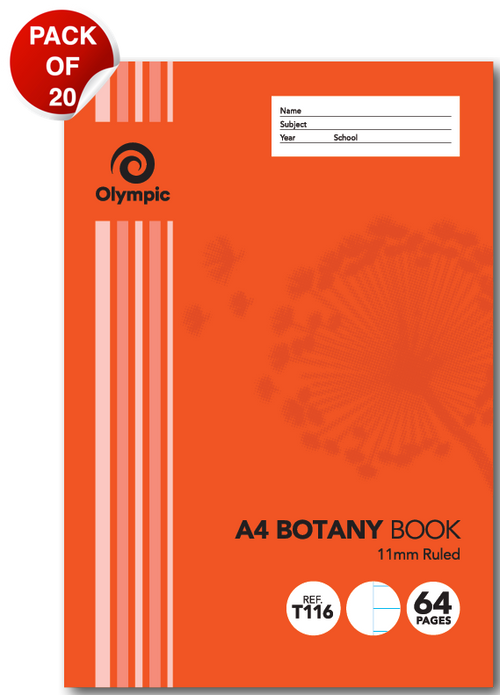 Olympic Botany Book A4 64 Pages 11mm Feint Ruled Pack of 20