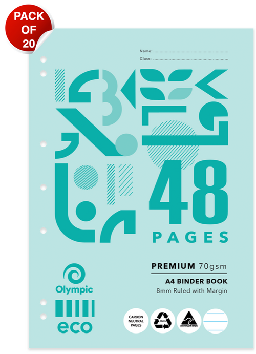 Olympic Eco Binder Book A4 48 Pages 8mm Ruling Stapled Pack of 20
