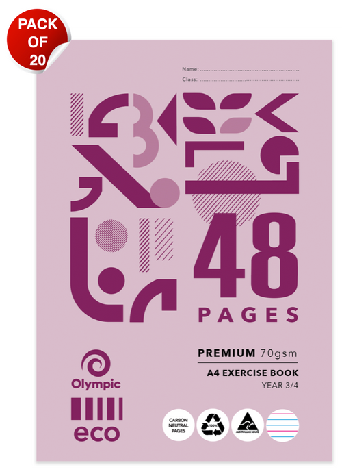 Olympic Eco Exercise Book A4 48 Pages Year 3/4 QLD Ruling Stapled Pack of 20