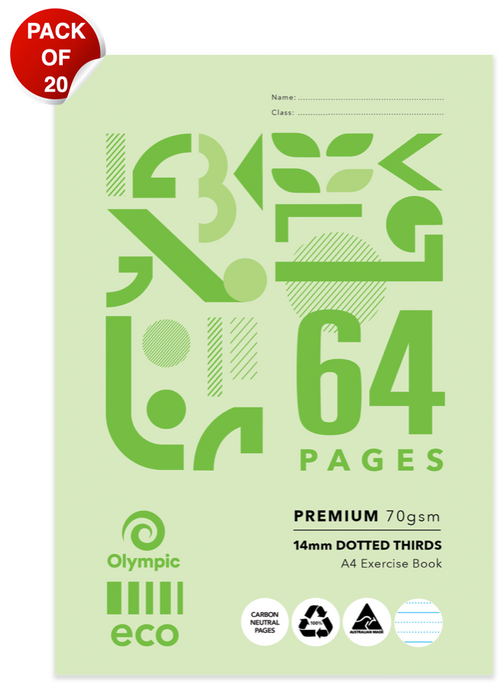 Olympic Eco Exercise Book A4 64 Pages 14mm Dotted Thirds Stapled Pack of 20