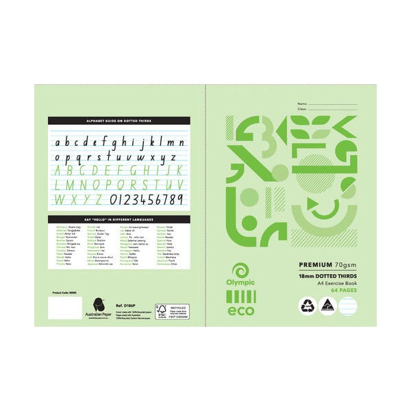 Olympic Eco Exercise Book A4 64 Pages 18mm Dotted Thirds Stapled Pack of 20
