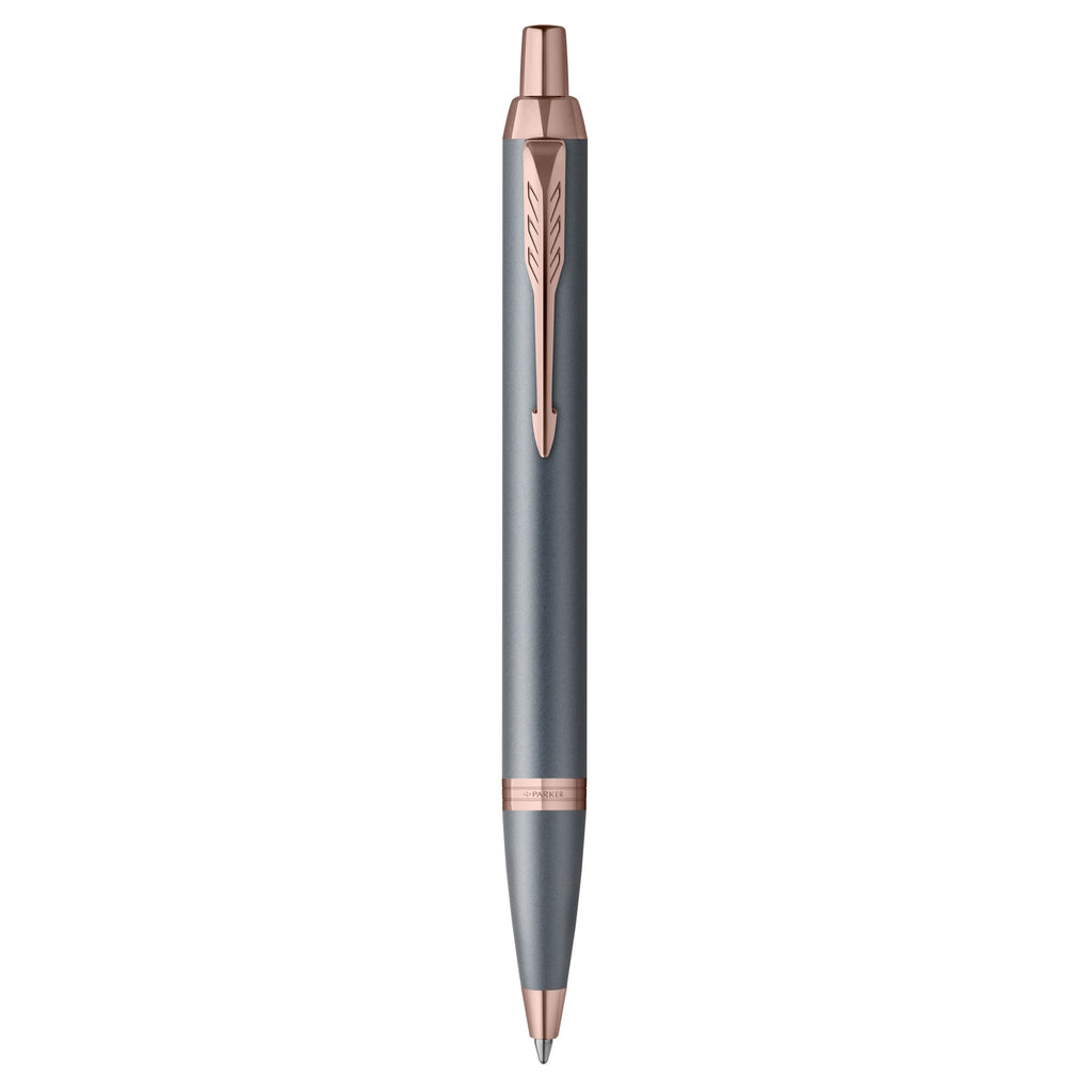 Parker IM Finishing Touch ballpoint pen in slate standing upright, showing the arrow clip and rose-toned trims