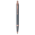 Parker IM Finishing Touch ballpoint pen in slate standing upright, showing the arrow clip and rose-toned trims