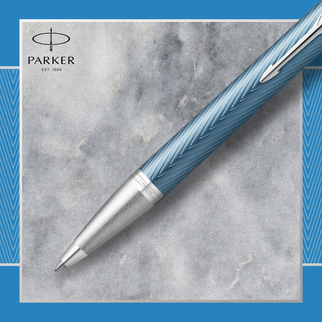Parker IM Premium Ballpoint Pen Blue Grey Lacquer and Chrome Trim Medium Tip