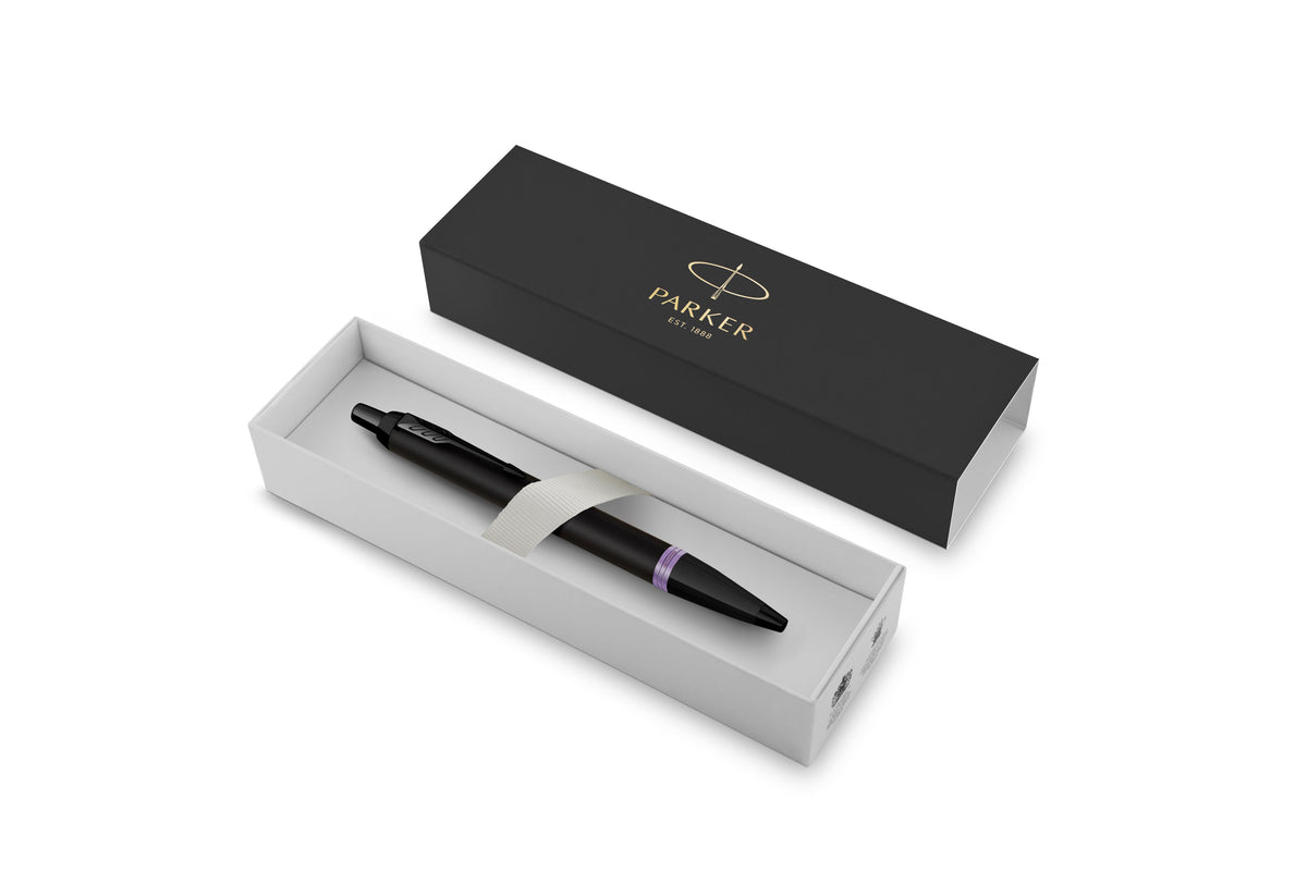Parker IM Vibrant Rings Ballpoint Pen Satin Black and Amethyst Purple Ring Medium Tip