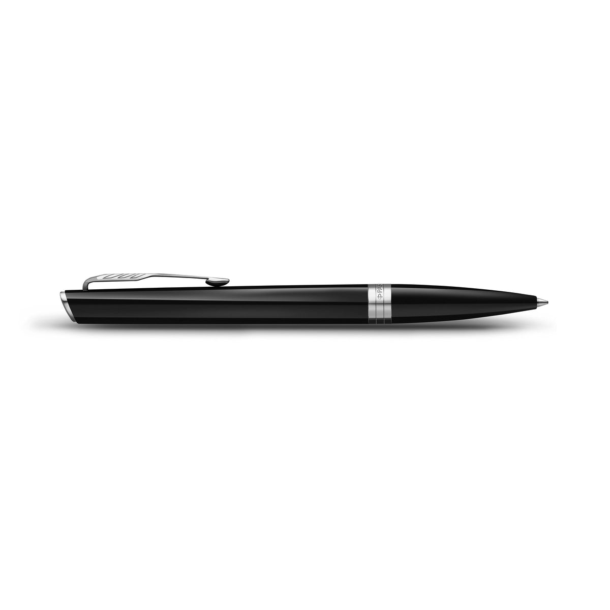 Side view of the black Meridian ballpoint lying flat, showing the clip profile, centre band and tapered tip
