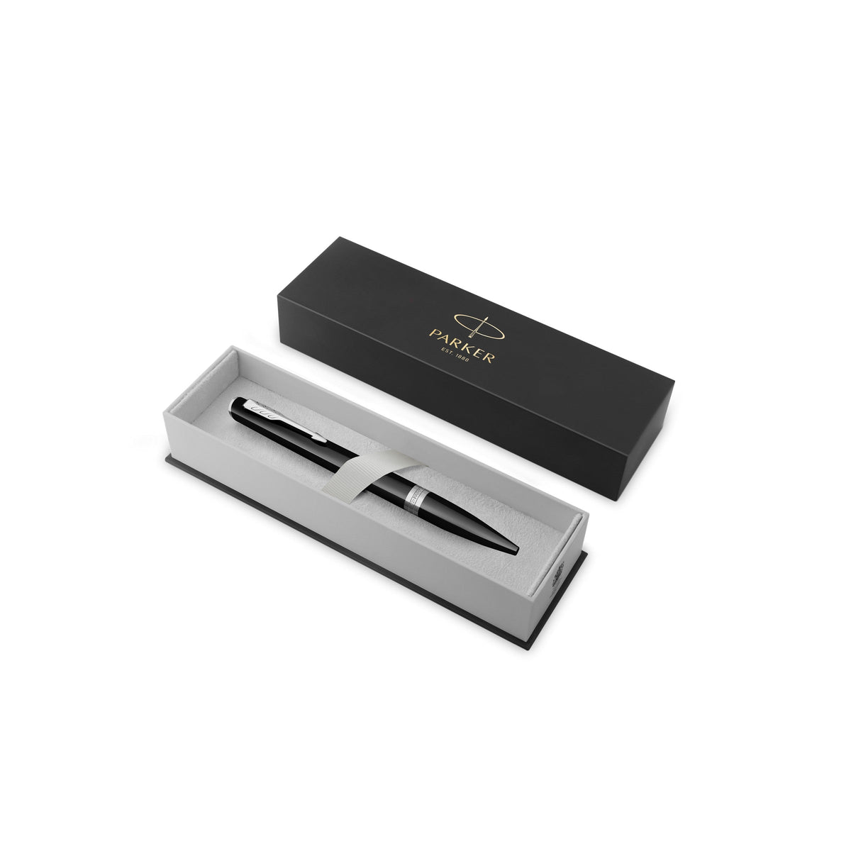 Black Meridian ballpoint resting in an open black Parker gift box with a grey insert, lid standing behind