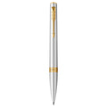 Parker Meridian ballpoint pen in chrome lacquer with gold trims standing upright, showing the arrow clip, centre band and medium tip