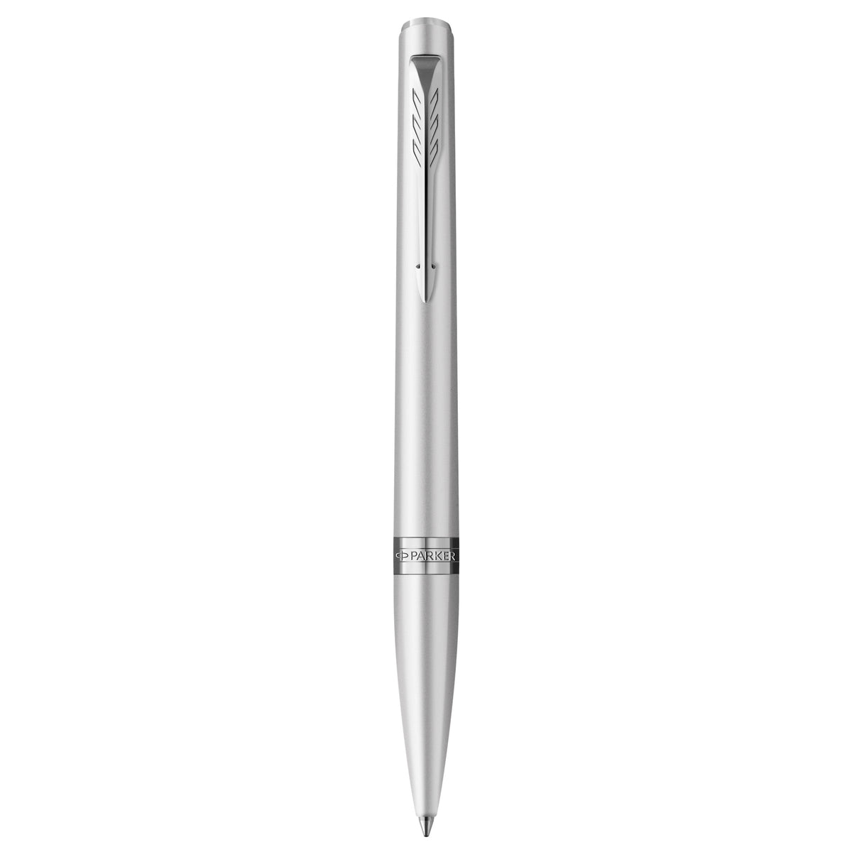 Parker Meridian ballpoint pen in chrome lacquer with chrome trims standing upright, showing the arrow clip, centre band and medium tip