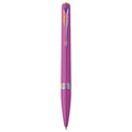Parker Meridian ballpoint pen in grape lacquer with rainbow trims standing upright, showing the arrow clip, centre band and medium tip