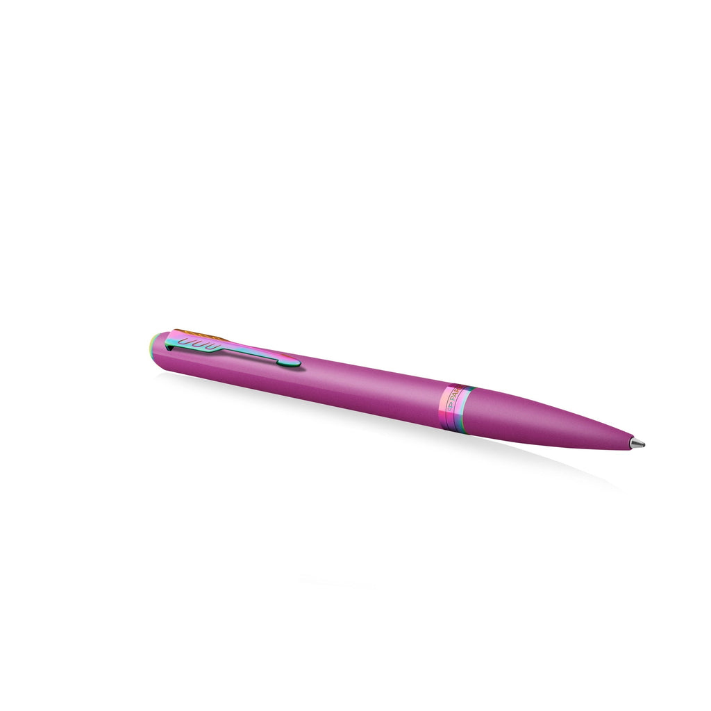 Grape Meridian ballpoint lying at an angle with the arrow clip on top and the rainbow PVD centre band visible