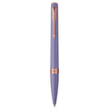 Parker Meridian ballpoint pen in lilac lacquer with pink gold trims standing upright, showing the arrow clip, centre band and medium tip