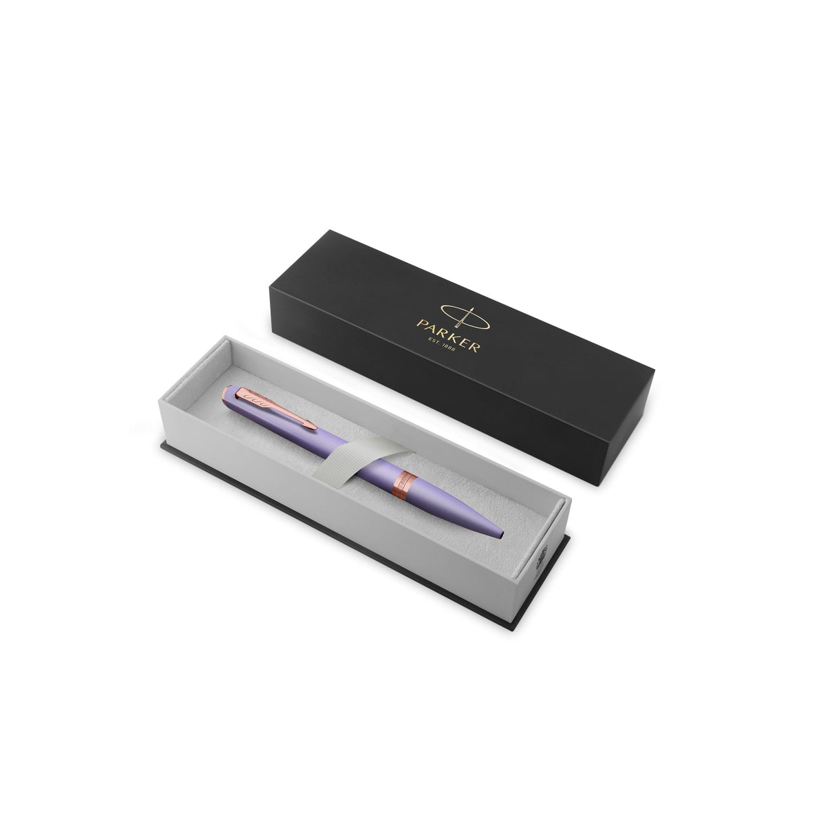 Lilac Meridian ballpoint resting in an open black Parker gift box with a grey insert, lid standing behind