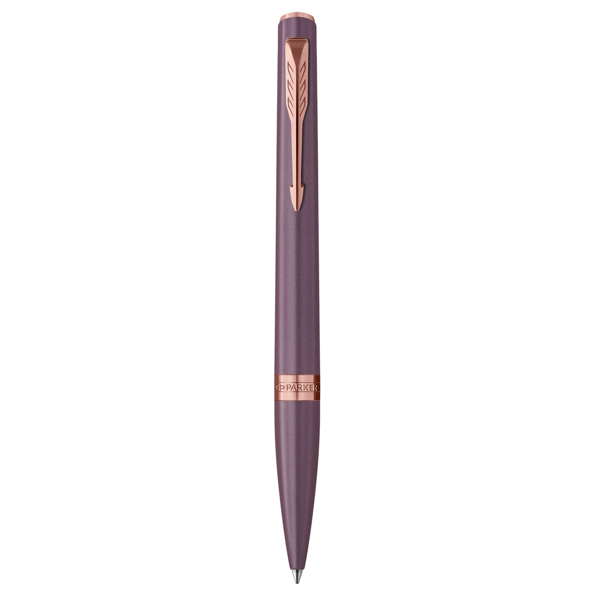 Parker Meridian ballpoint pen in purple lacquer with pink gold trims standing upright, showing the arrow clip, centre band and medium tip