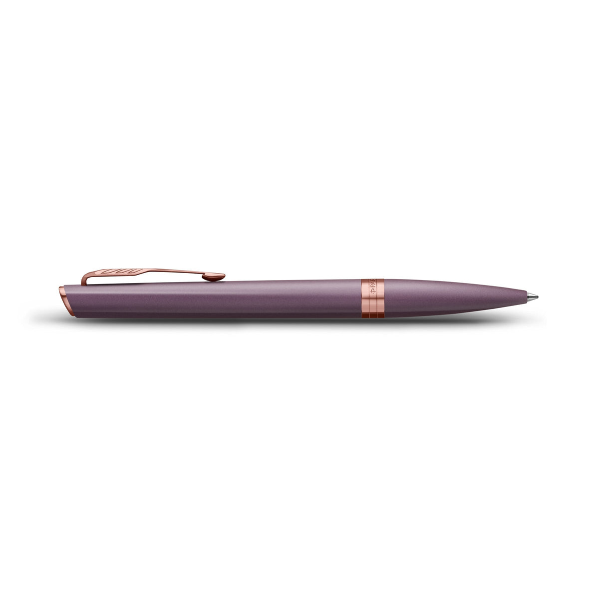 Side view of the purple Meridian ballpoint lying flat, showing the clip profile, centre band and tapered tip