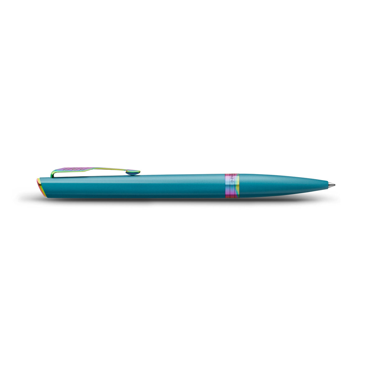 Side view of the teal Meridian ballpoint lying flat, showing the clip profile, centre band and tapered tip