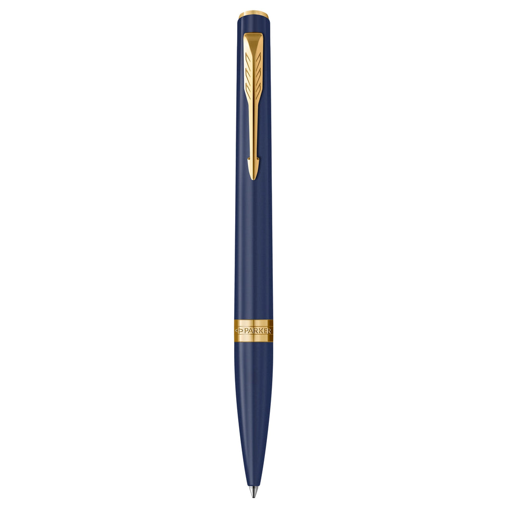 Parker Meridian Blue Lacquer and Gold Trim Ballpoint Pen standing upright, one of the four finishes included in the CDU1 counter display kit
