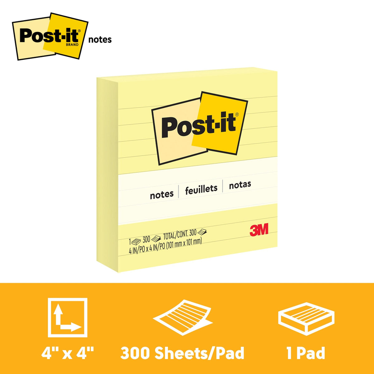 Post-it Notes Lined Canary Yellow 101 x 101mm 300 Sheets 675-YL