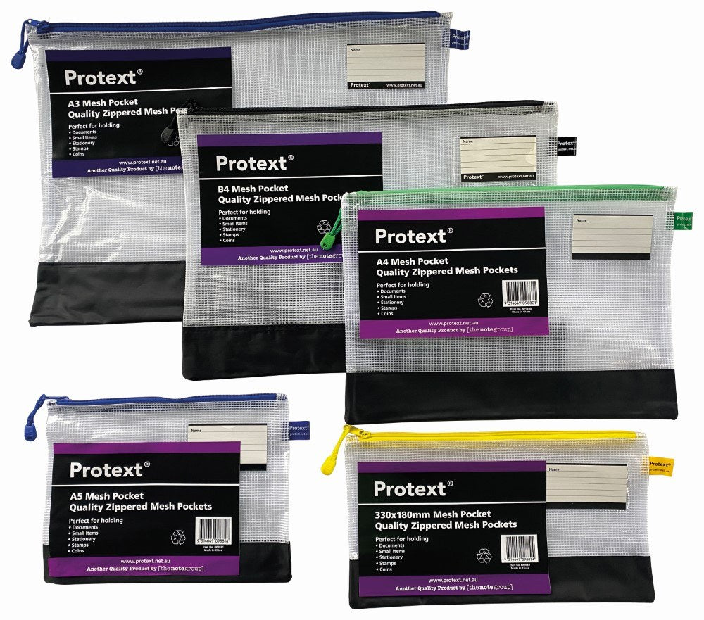 Protext Mesh Pouch 330 x 180mm with Note Card Holder Assorted Zipper Pack of 20