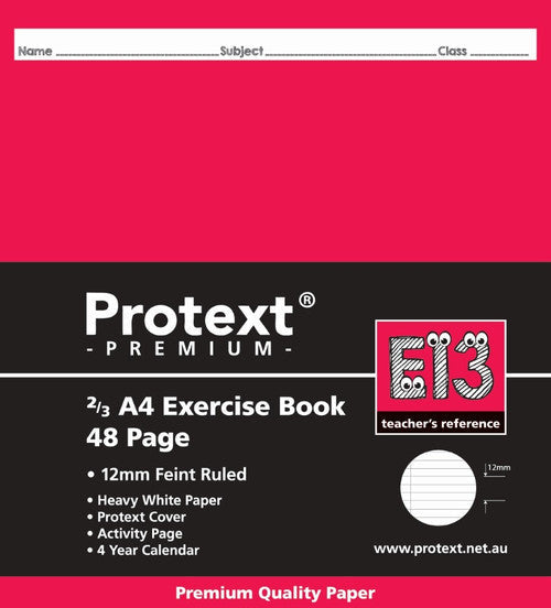 Protext Premium Exercise Book 2/3 A4 48 Page 12mm Ruled Red Margin E13