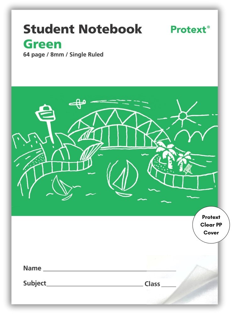 Protext Student Notebook 64 Page 8mm Single Ruled Green