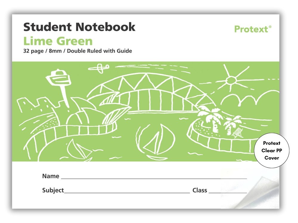 Protext Student Notebook 32 Page 8mm Double Ruled with Guide Lime Green