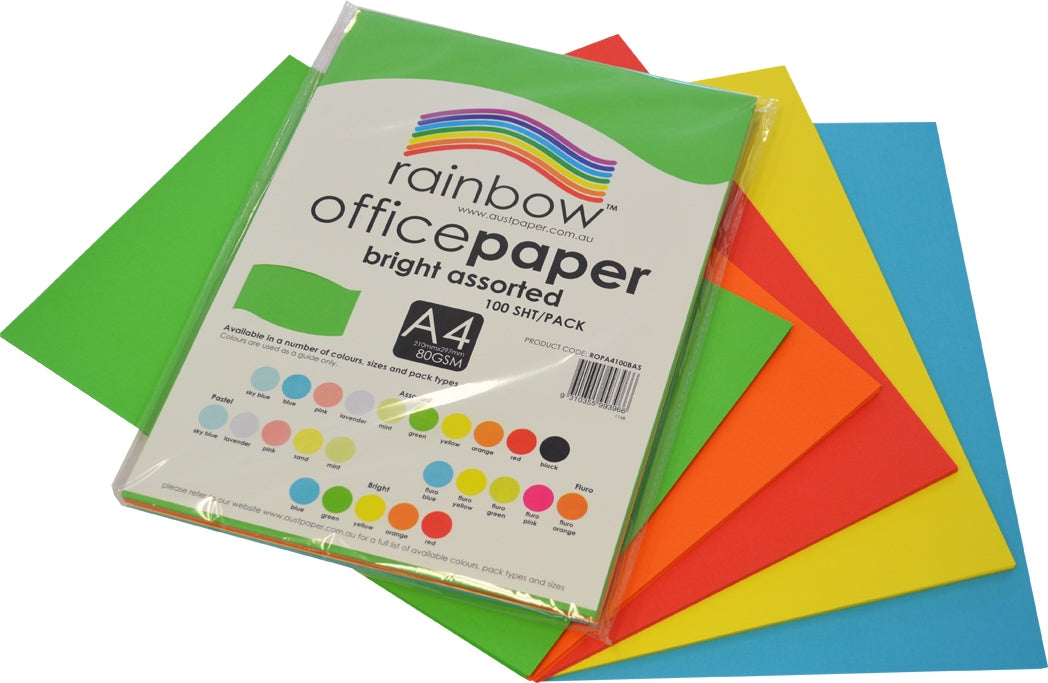 Rainbow Office Paper A4 80gsm Bright Assorted Pack of 100