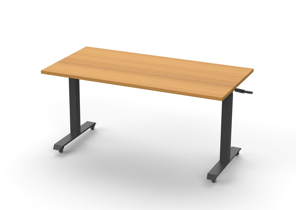 Rapidline Boost Crank Flip Top Table in the working position, Beech top open flat on a black underframe with side crank handle and castors