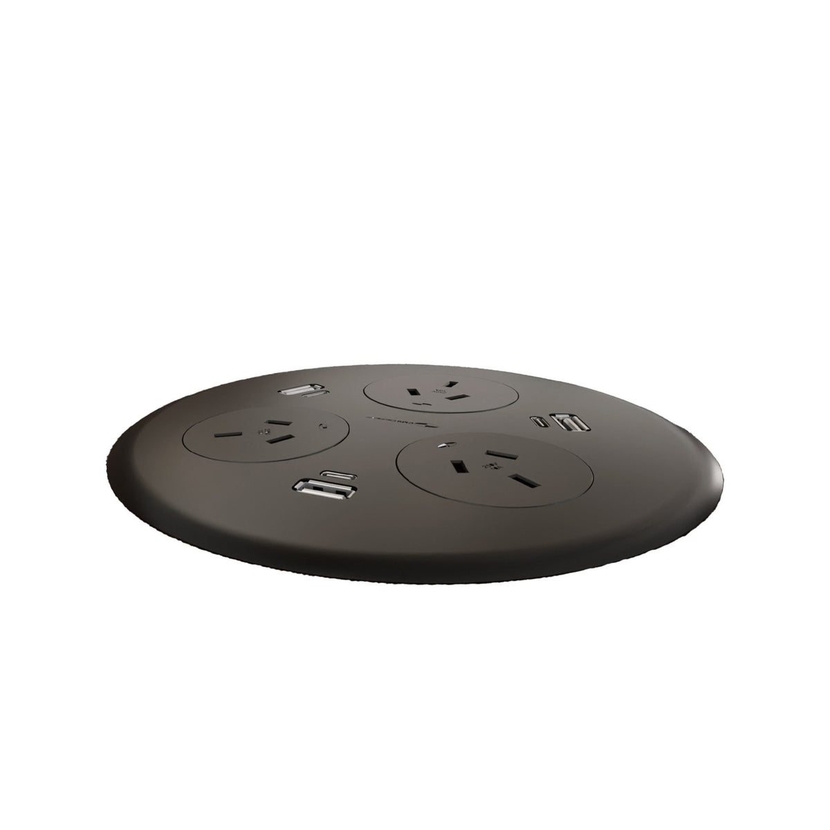 Rapidline Blinky black power pod with 3 power outlets and USB fast charge modules, low side angle