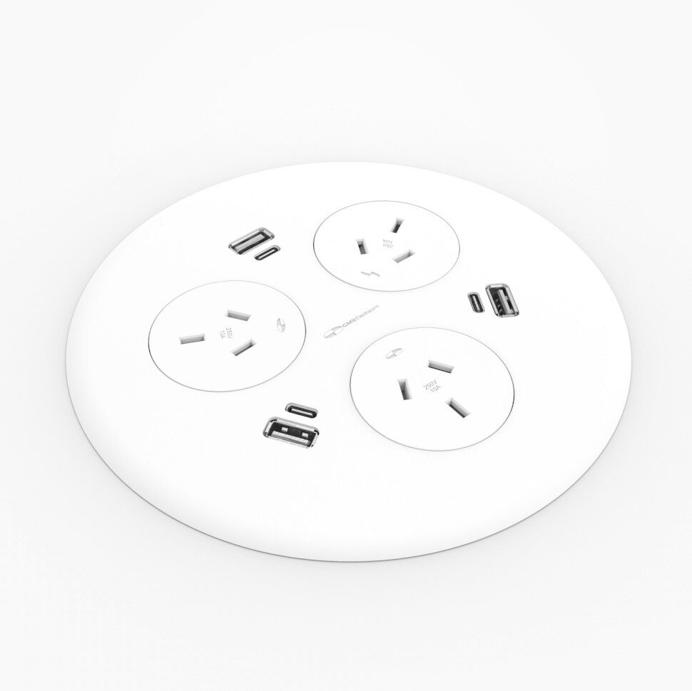Rapidline Blinky white power pod with 3 power outlets and USB fast charge modules, top-down view