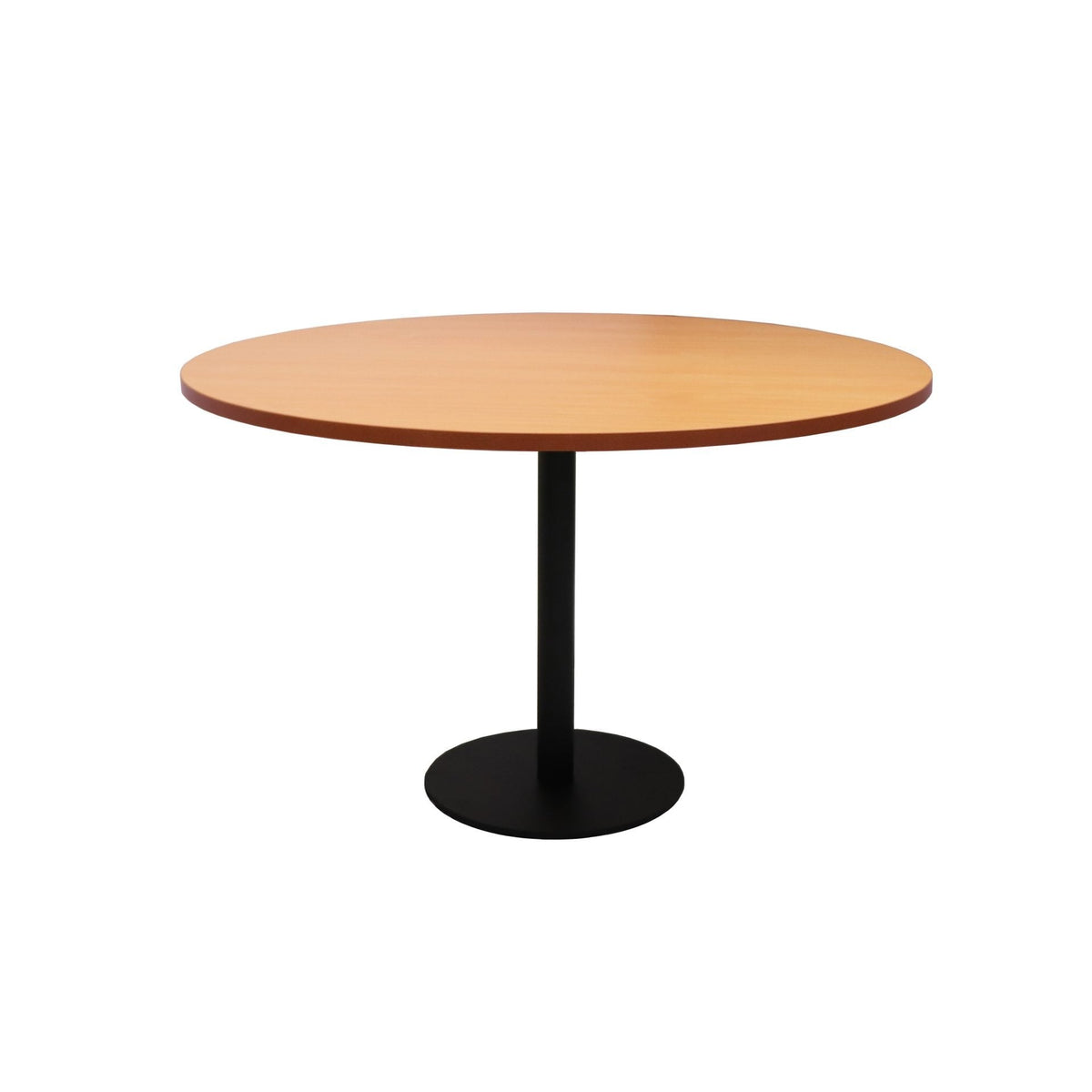 Front elevation of the Rapidline Estilo 1200mm round table in beech with a black column and flat disc base on a white background