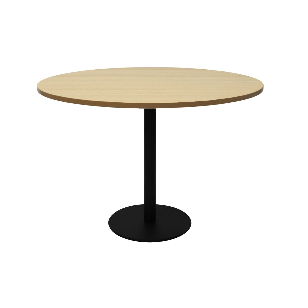 Front elevation of the Rapidline Estilo 1200mm round table in natural oak with a black column and flat disc base on a white background