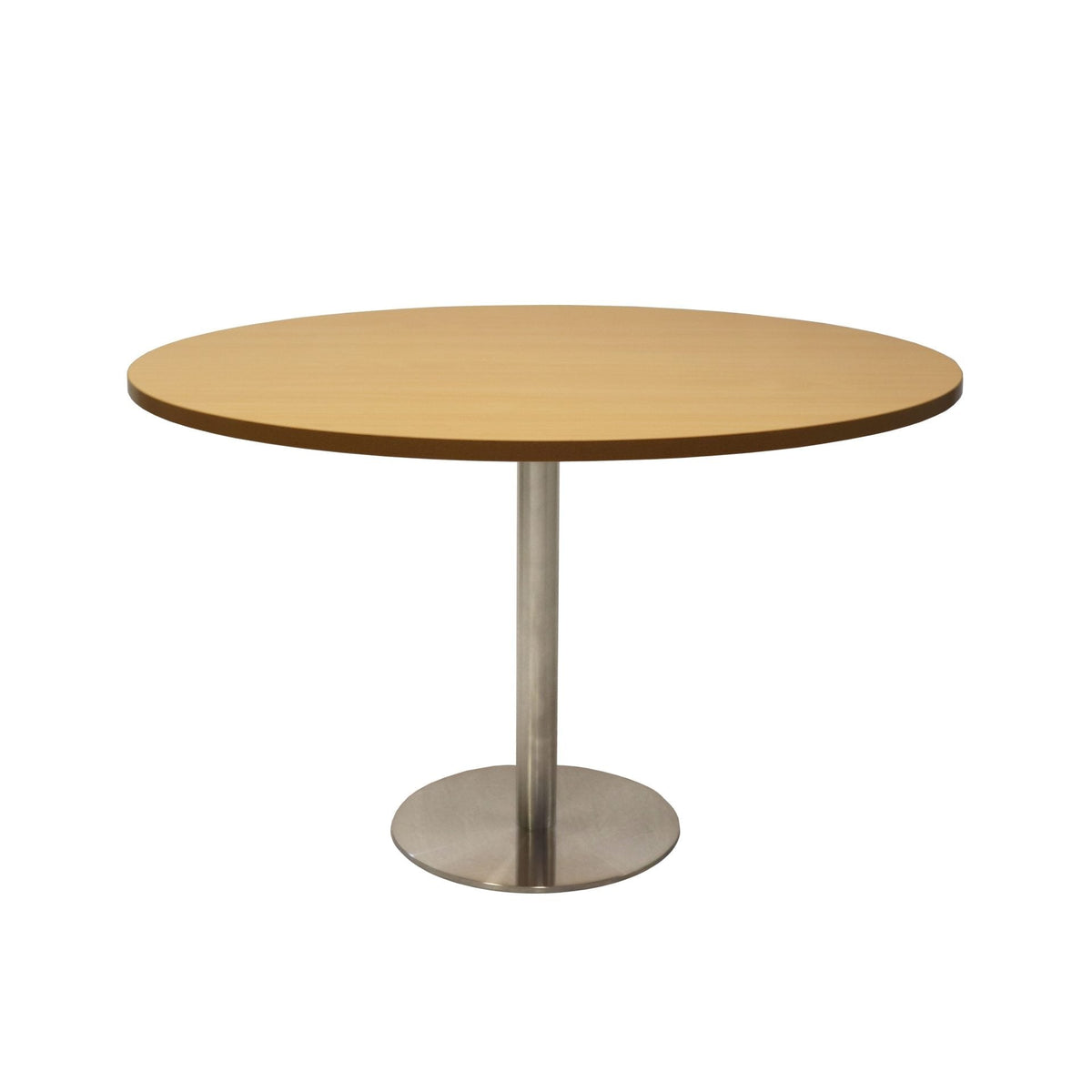 Front elevation of the Rapidline Estilo 1200mm round table in natural oak with a stainless steel column and flat disc base on a white background