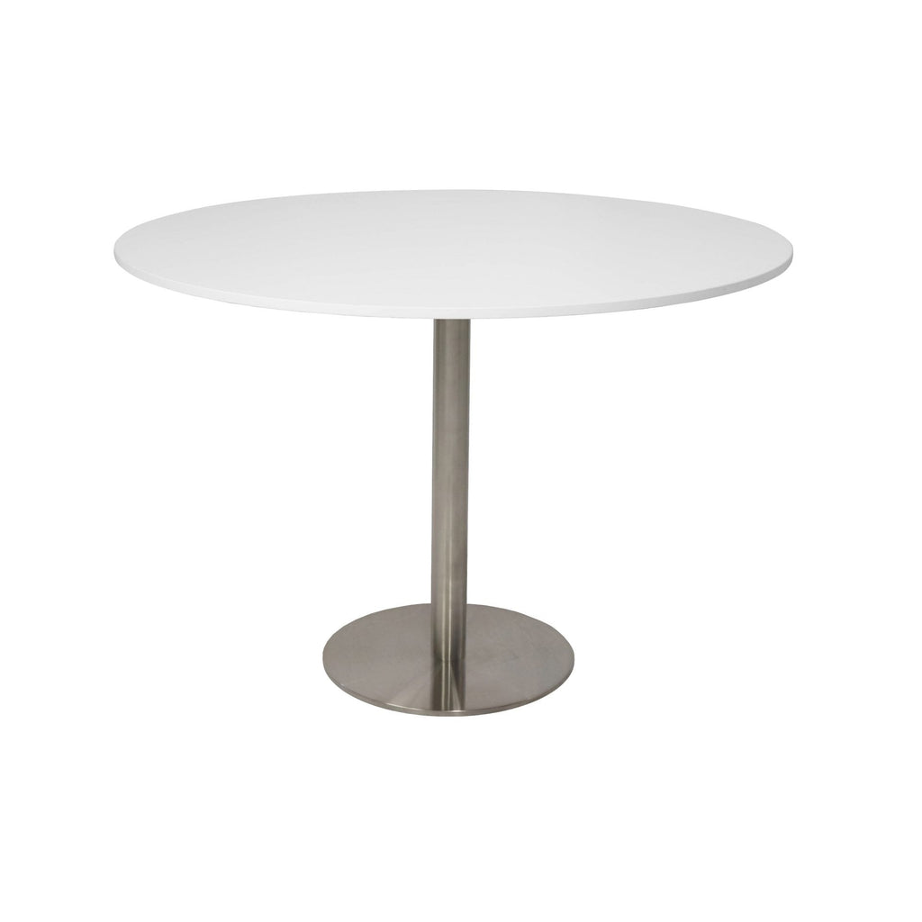 Front elevation of the Rapidline Estilo 1200mm round table in natural white with a stainless steel column and flat disc base on a white background
