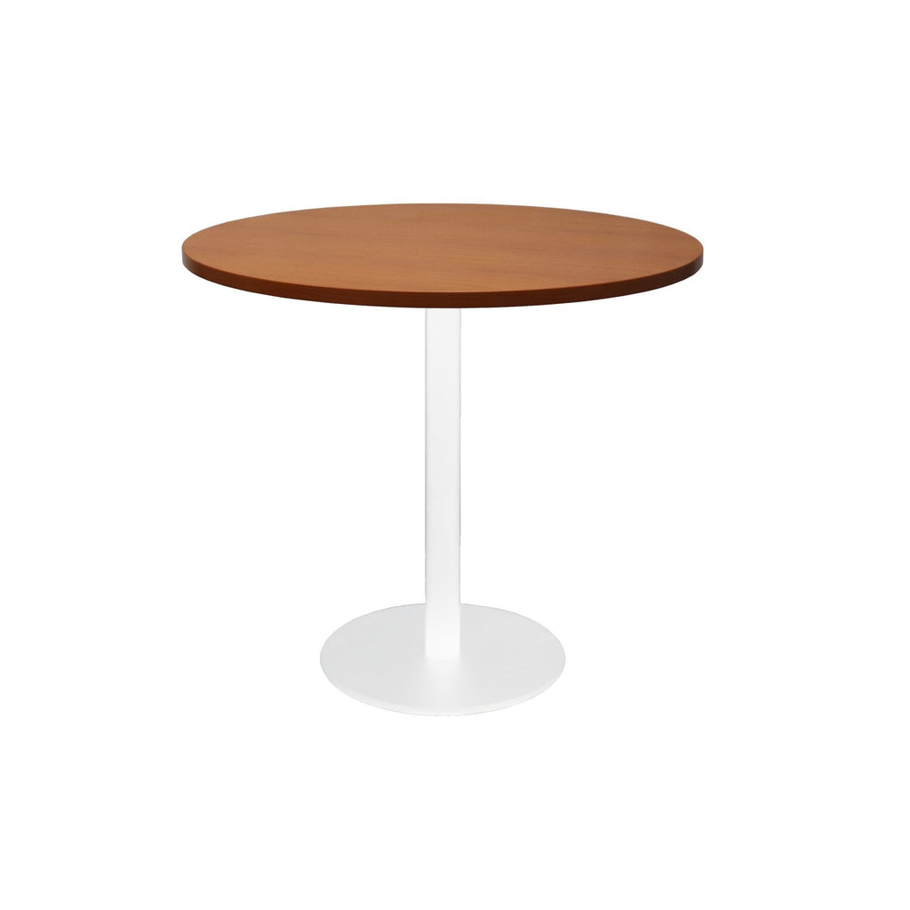 Front elevation of the Rapidline Estilo 900mm round table in cherry with a white column and flat disc base on a white background