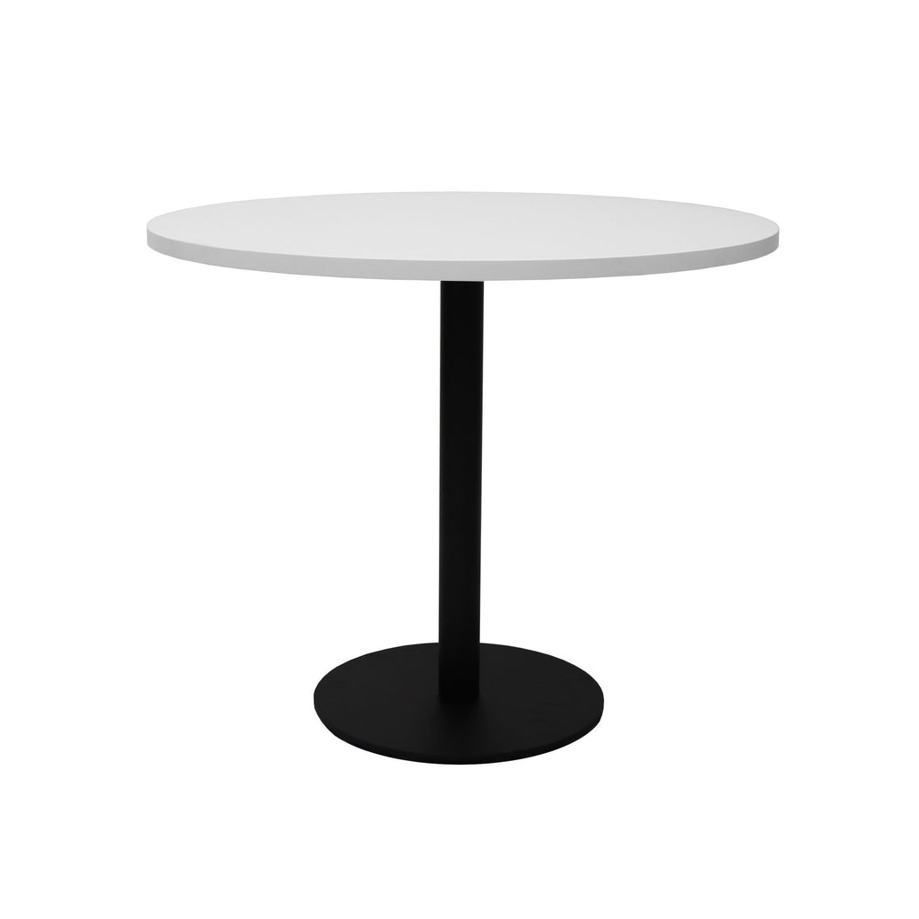 Front elevation of the Rapidline Estilo 900mm round table in natural white with a black column and flat disc base on a white background