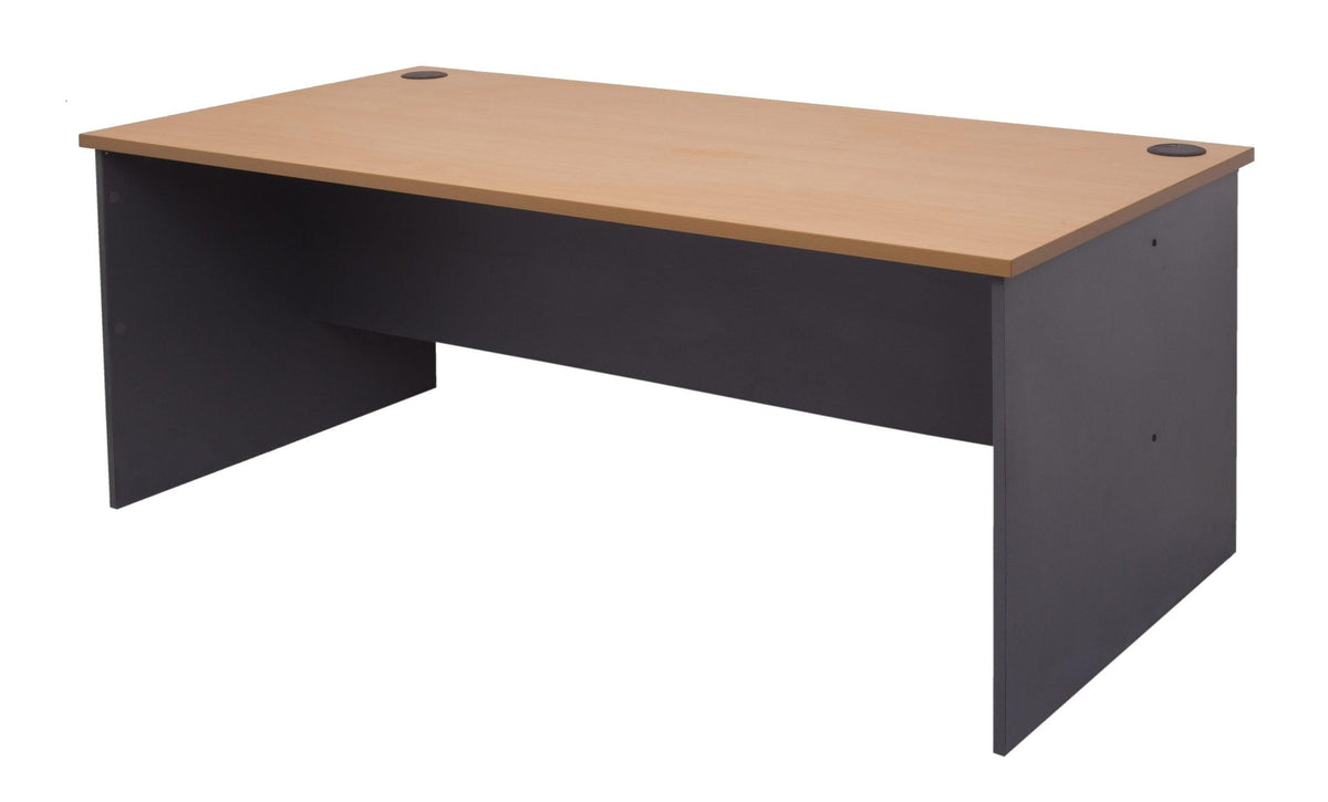 Rapidline Rapid Worker 1800mm open slab end desk in beech with Ironstone ends, viewed from the front right
