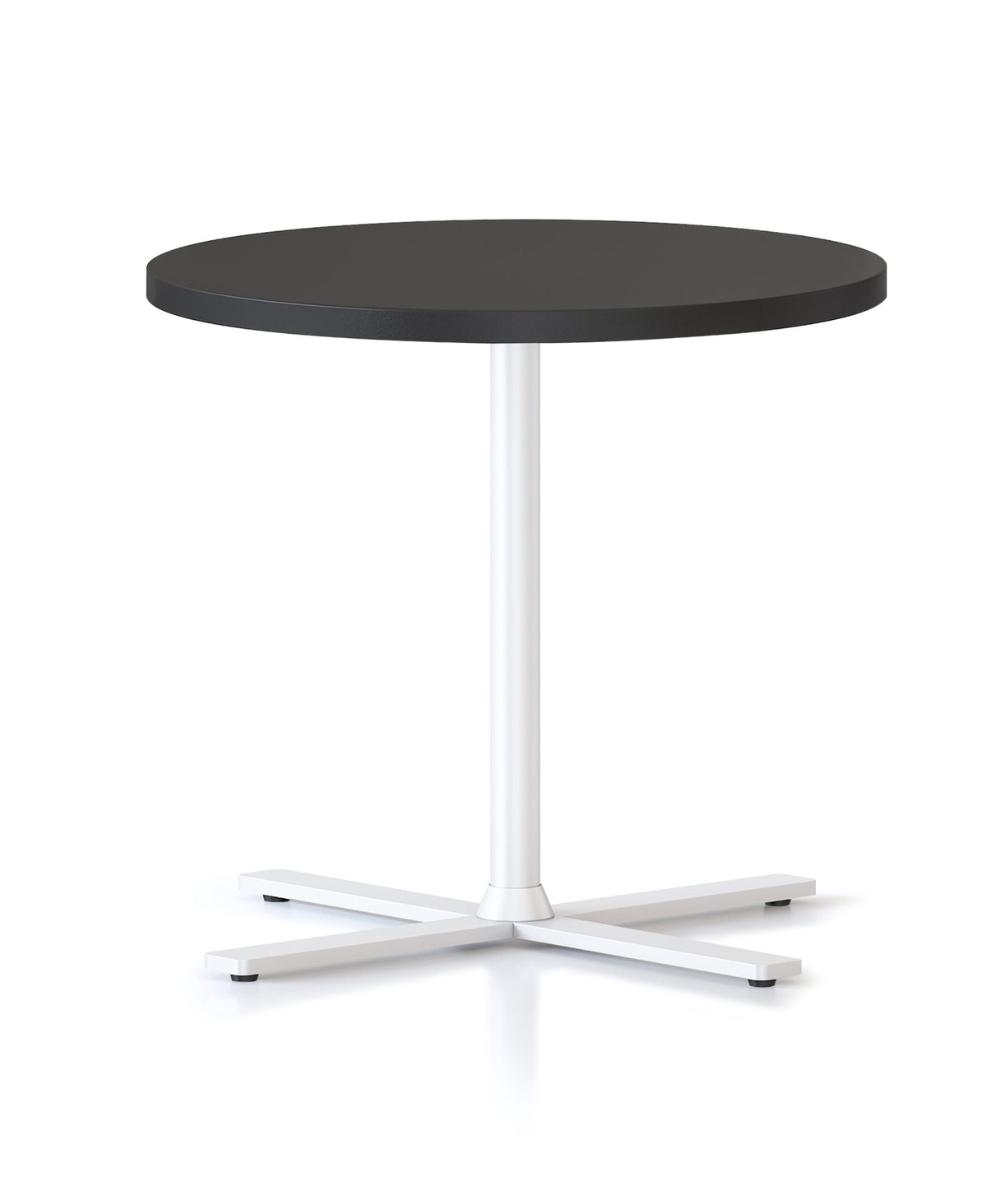 Rapidline Kolo side and coffee table with Black top and white column and cross base, side on view