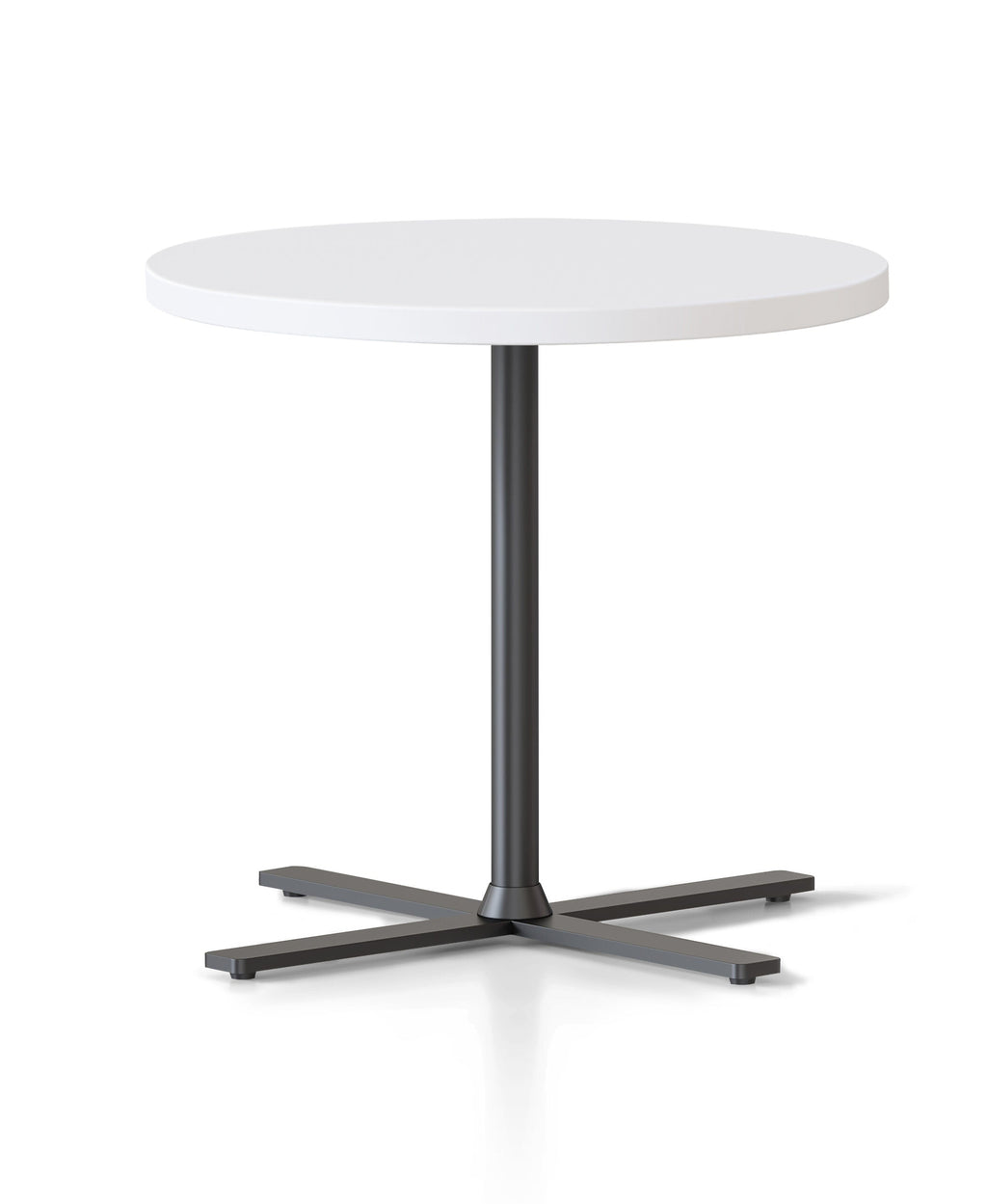 Rapidline Kolo side and coffee table with Natural White top and black column and cross base, side on view
