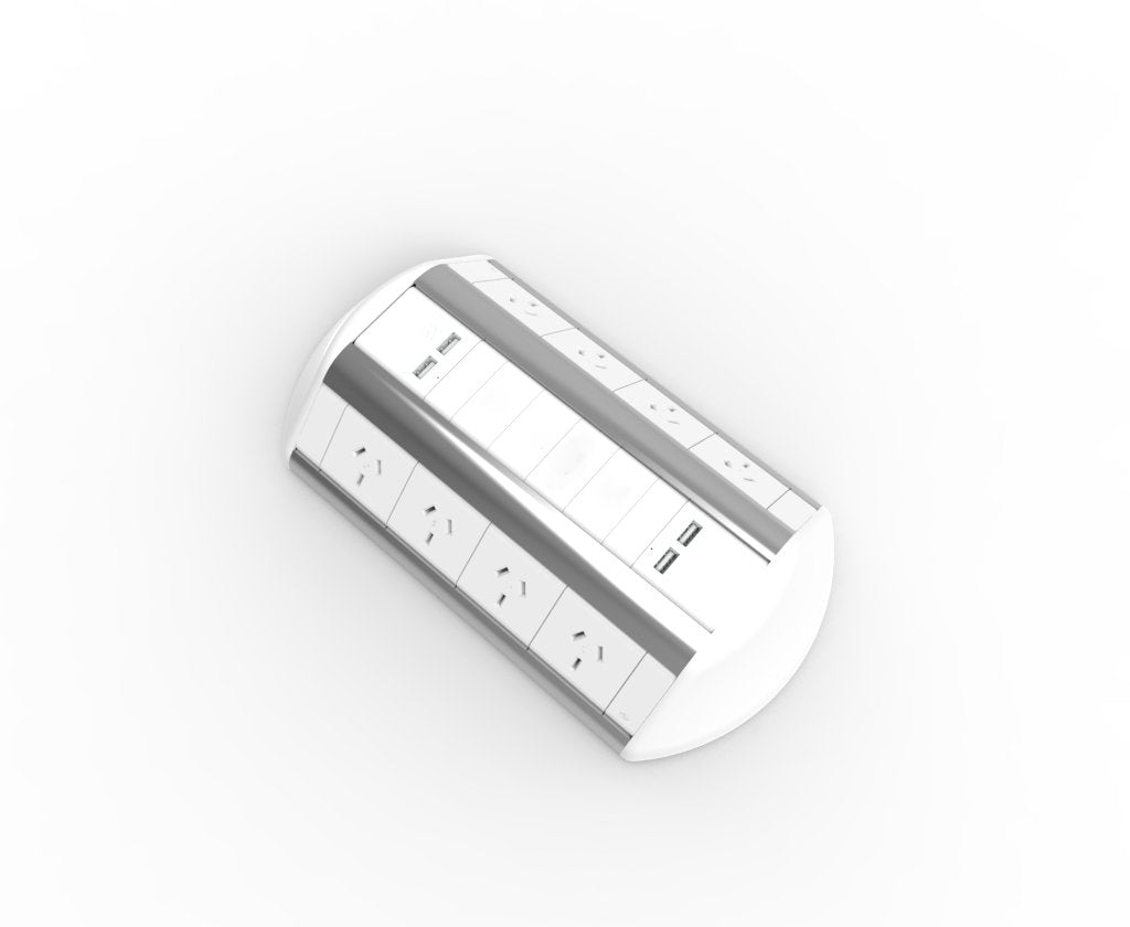 Rapidline Odyssey 8 GPO service hub in white, showing the power outlets and USB-A and USB-C ports