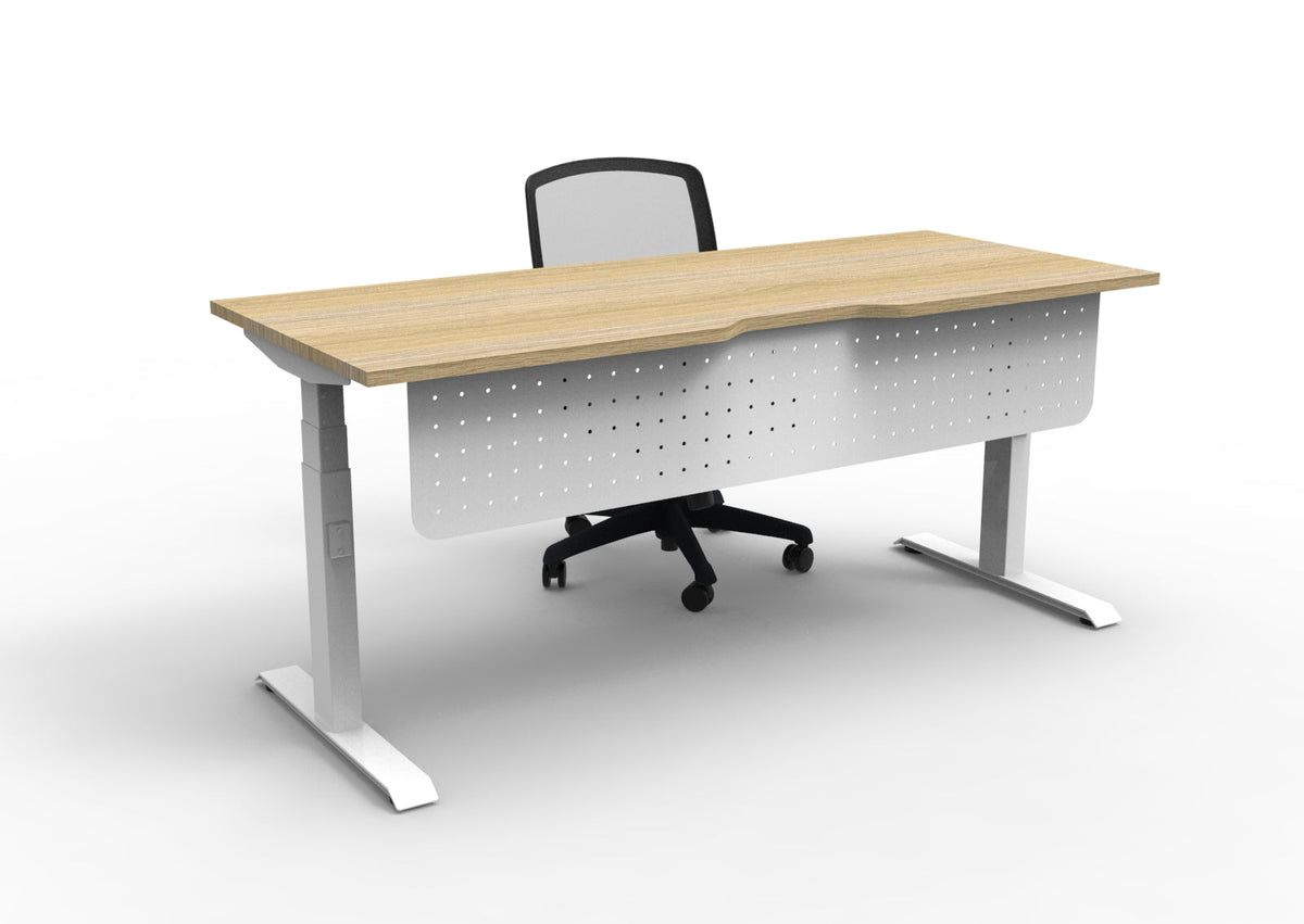 Rapidline Arch perforated modesty panel in white fitted to a desk with a timber-look top and white frame, mesh chair behind
