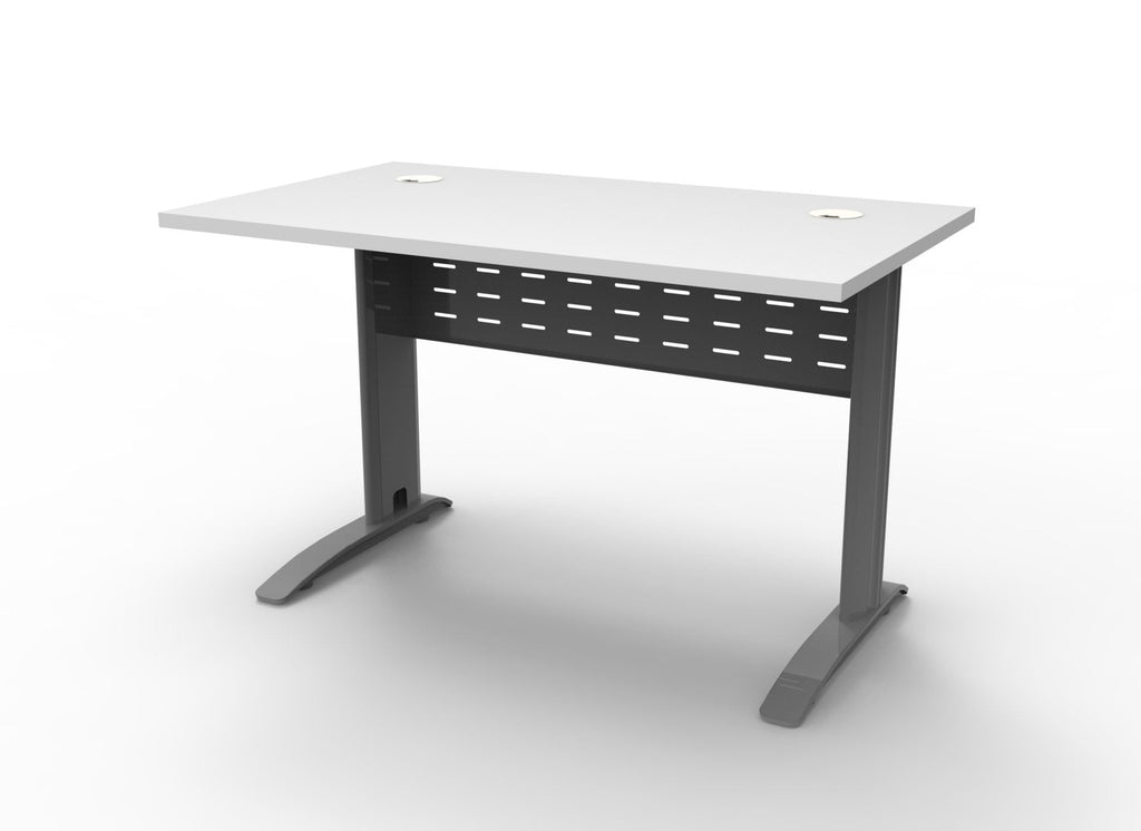 Rapidline Rapid Span open workstation with Natural White top, Precious Silver Span leg base and perforated modesty panel, Rapidline variant render