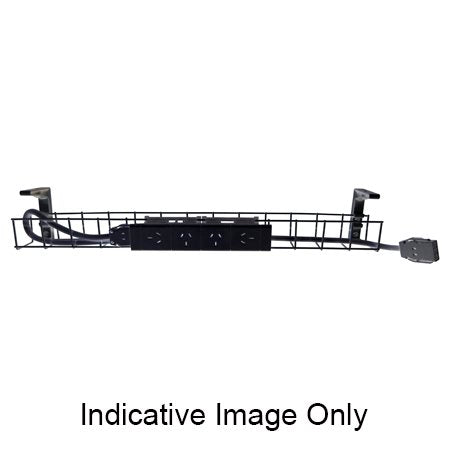 Rapidline single tier cable basket kit in black, 4 GPO power module and tag lead fitted in the wire tray between two mounting brackets
