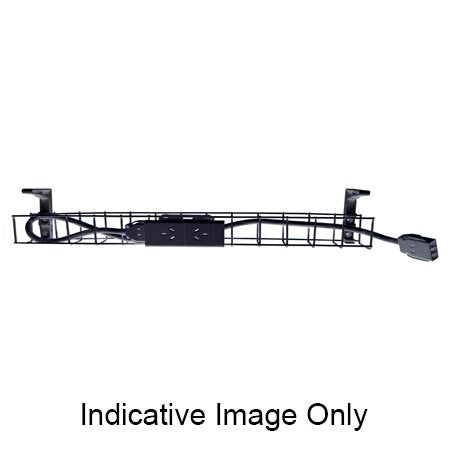 Rapidline single tier cable basket kit in black, 2 GPO power module and tag lead fitted in the wire tray between two mounting brackets