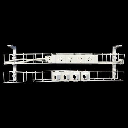 Rapidline Rapid Wiring dual tier cable basket kit in white with power module, data modules and lead fitted, shown on a black background
